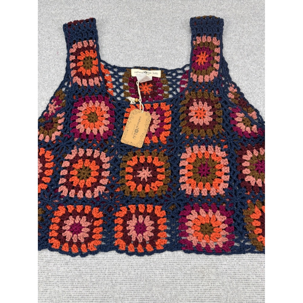 Natural Life Crochet Granny Square Tank Top Multicolor Boho Crop L/XL TOP963 NEW - Picture 7 of 11